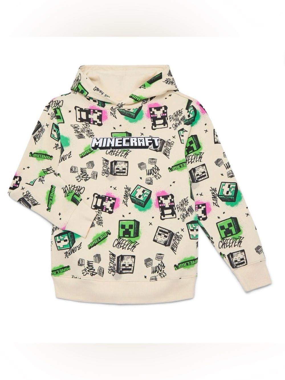 Minecraft Boys XS 4/5 Beige Creeper Graphic Fleece Pullover Hoodie NWT